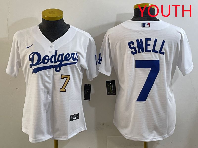 Youth Los Angeles Dodgers 7 Snell White Game 2025 Nike MLB Jersey style 7